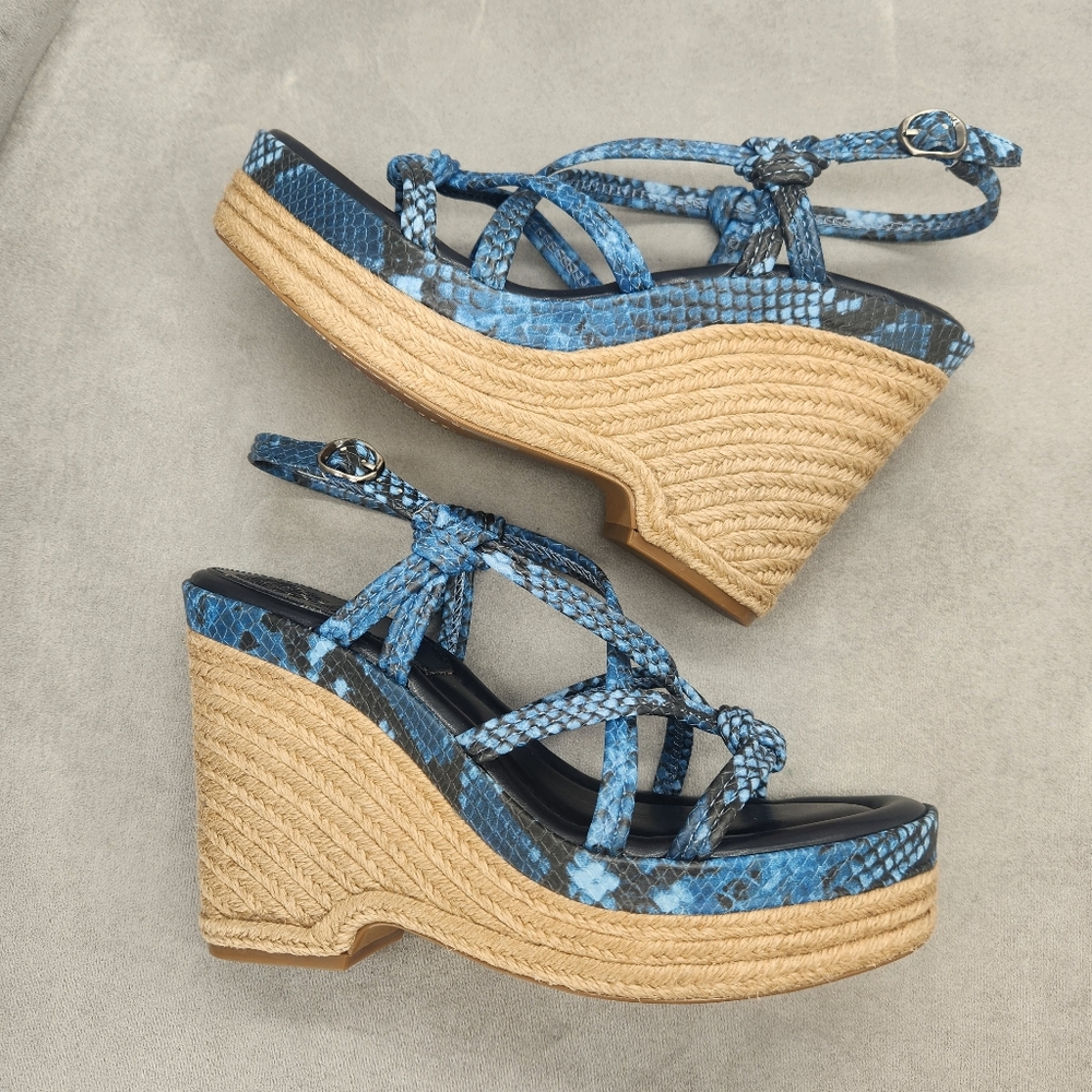 Vince Camuto Wedge Sandals 10 Blue Snake Knot Leather Delina Espadrille New $130